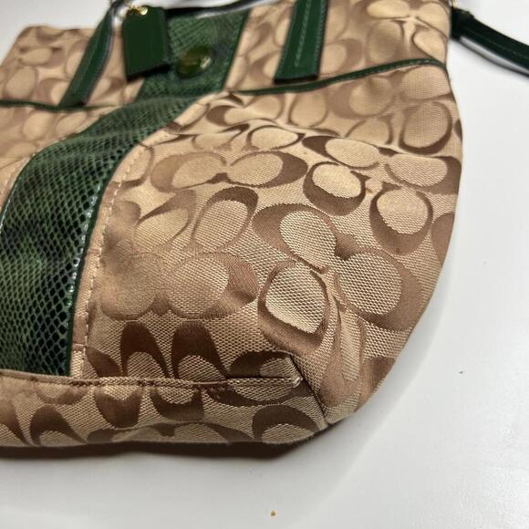 Coach F22706 Signature Stripe Patent Leather Tote Khaki Green Python Trim Handba - Picture 9 of 10